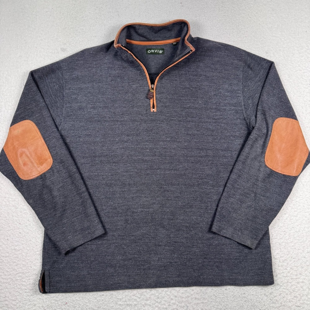 Orvis‎ Sweater Mens Large Simoom Tweed Quarter Zip Leather Elbow & Trim Gray